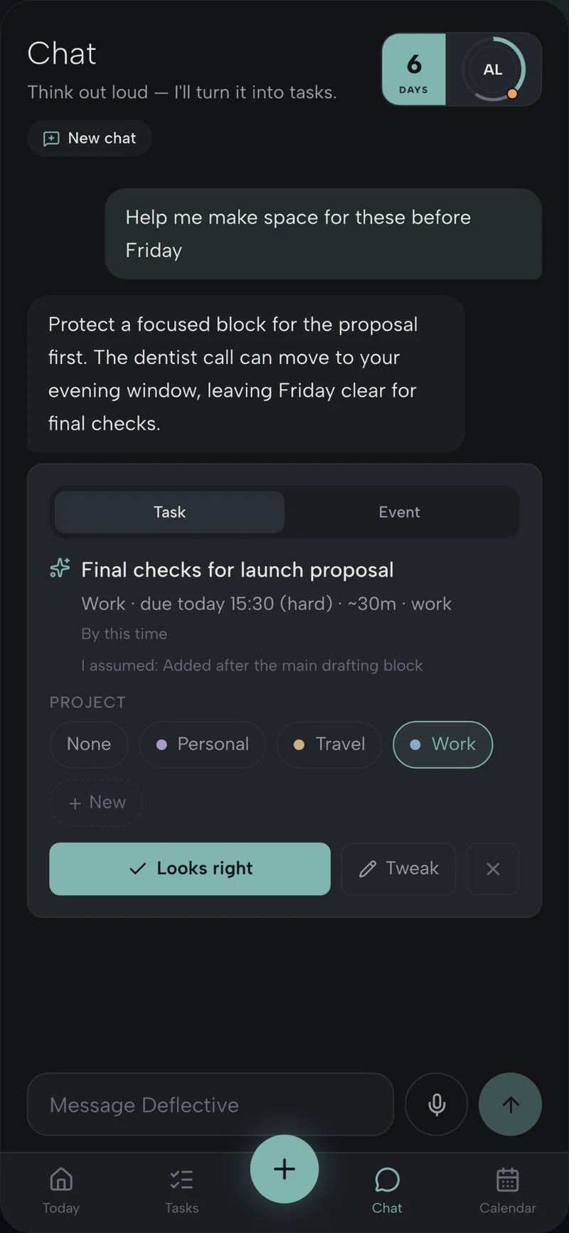Chat proposing a schedule change awaiting confirmation