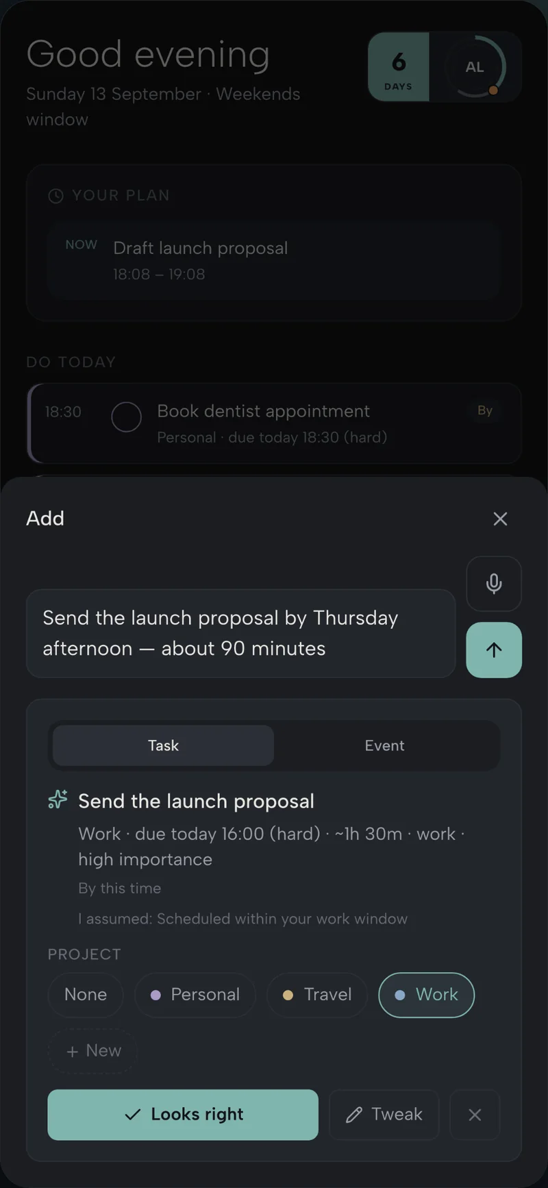 Quick Add turning a natural-language sentence into a structured task