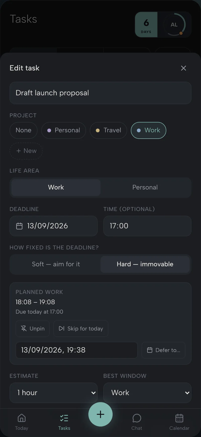Task details with project, deadline and planned work